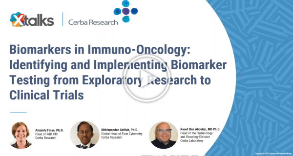 Cerba Research - Webinar - Biomarkers in Immuno-Oncology Identifying and Implementing Biomarker Testing from Exploratory Research to Clinical Trials Thumbnail and play button