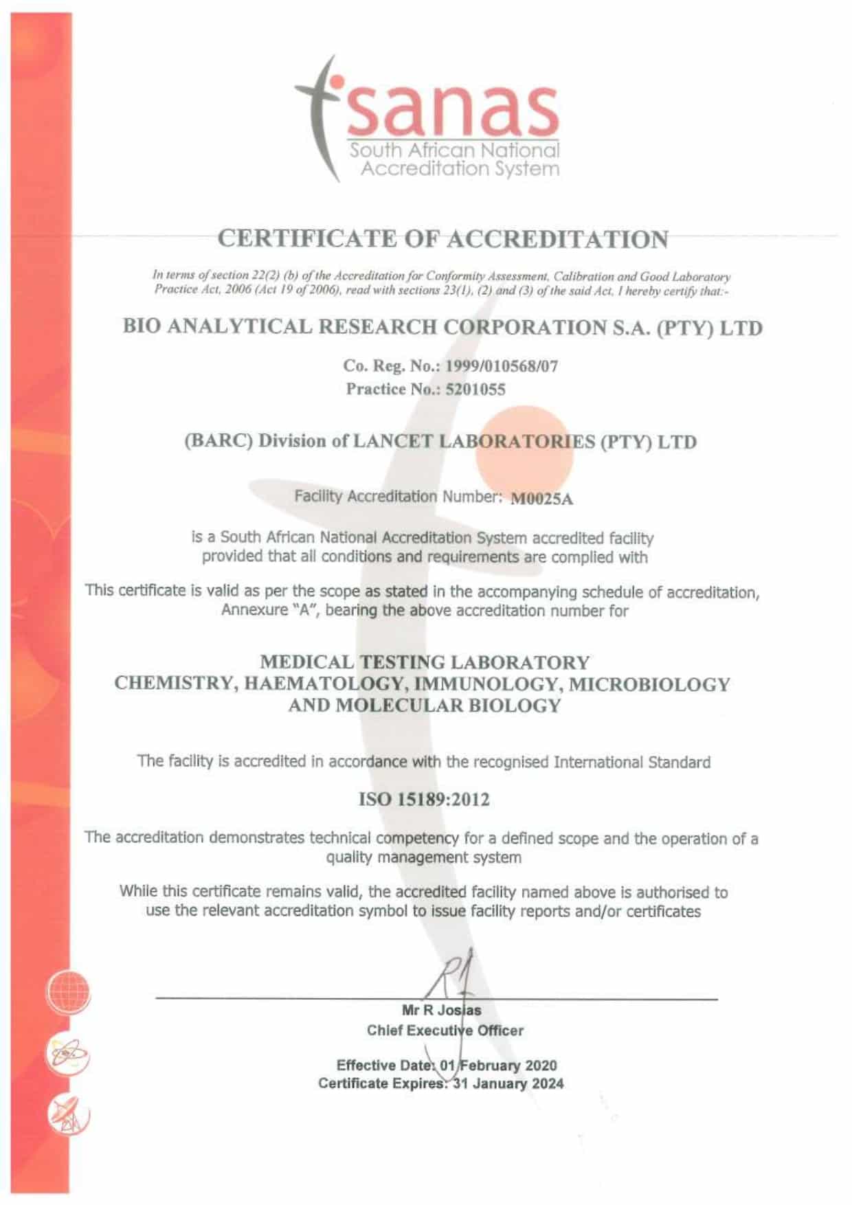 Cerba Research - Certification - Barc RSA Lancet Laboratories ISO15189 accreditation