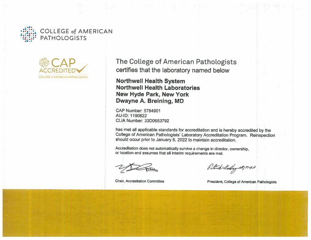 Northwell Health Laboratories CAP certification Cerba Research