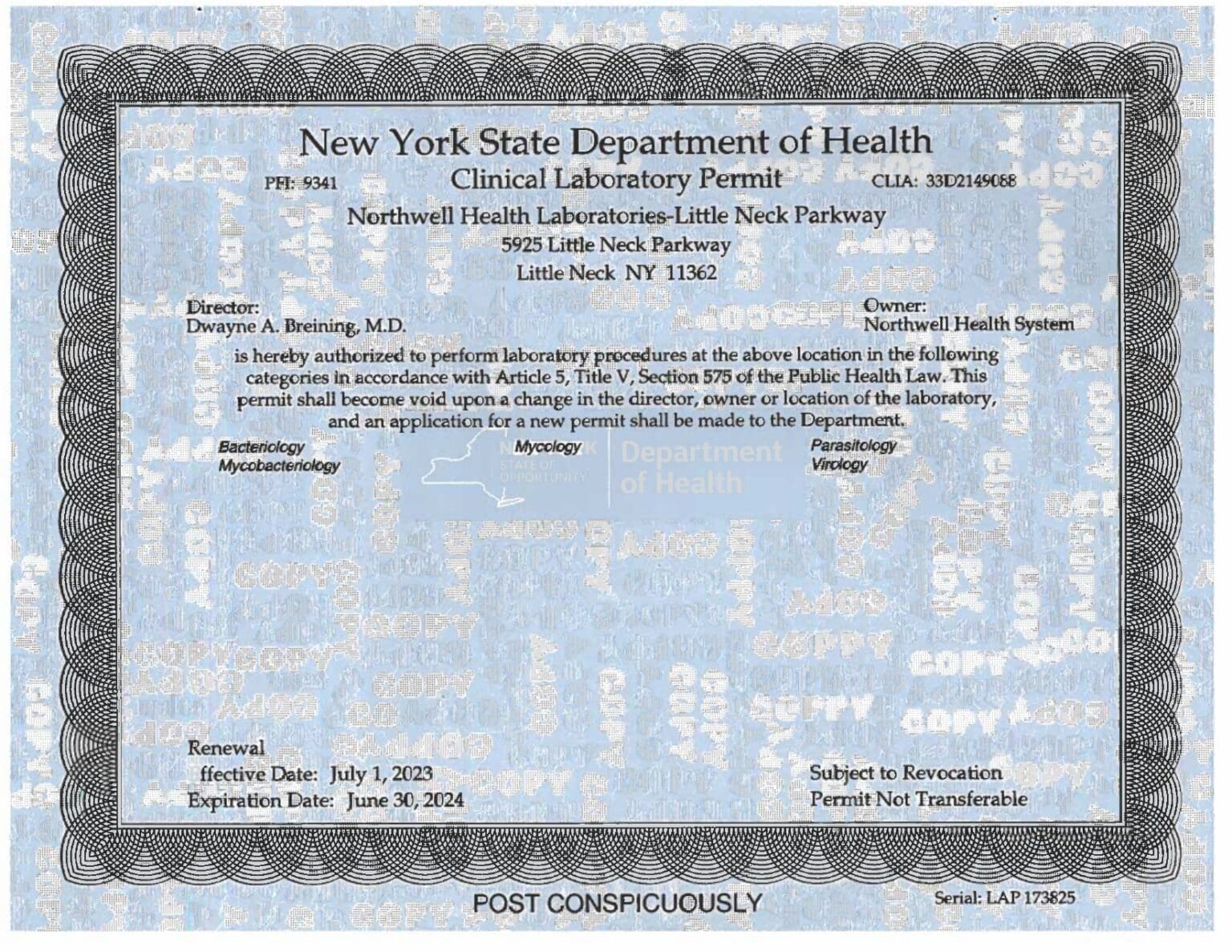 NYSDOH Clinical Laboratory Permit - Little Neck - NY - Cerba Research